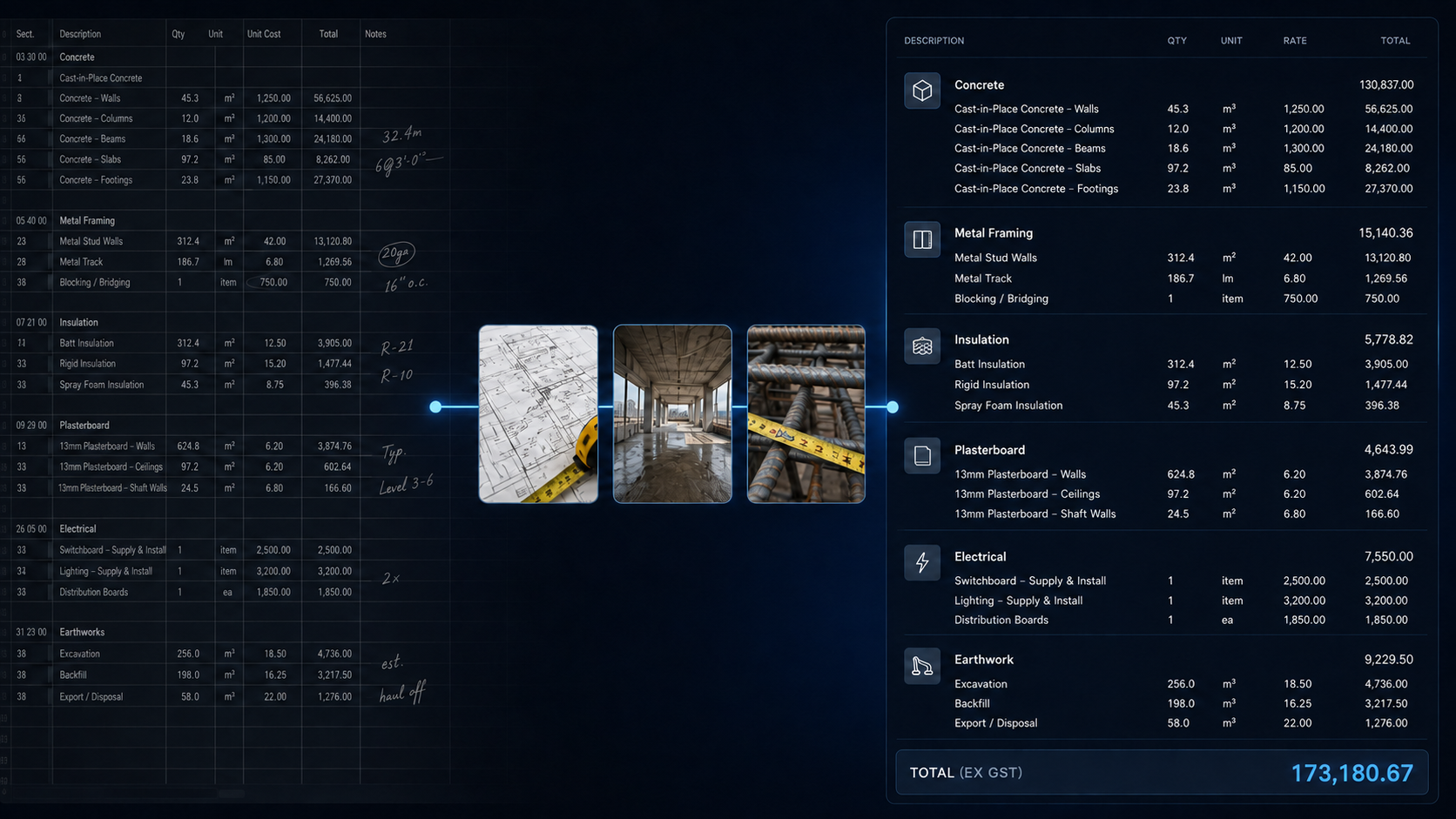 A cluttered estimating spreadsheet with handwritten notes converted into a clean, structured NexBilt quote with concrete, framing, insulation, plasterboard, electrical and earthwork sections and a total.