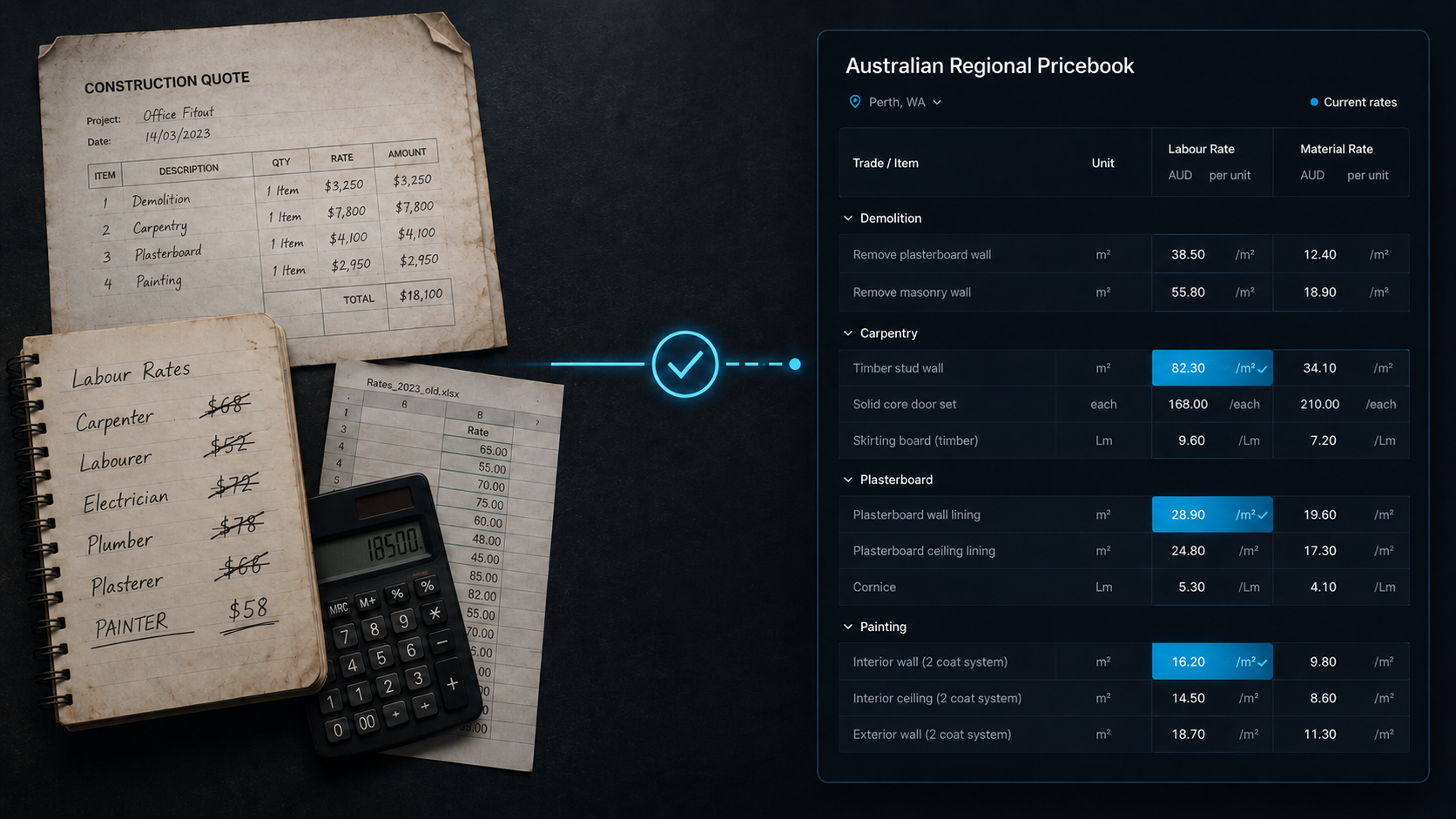 Old paper quotes, a notebook of crossed-out labour rates and a calculator replaced by the NexBilt Australian Regional Pricebook showing current Perth, WA labour and material rates per unit.