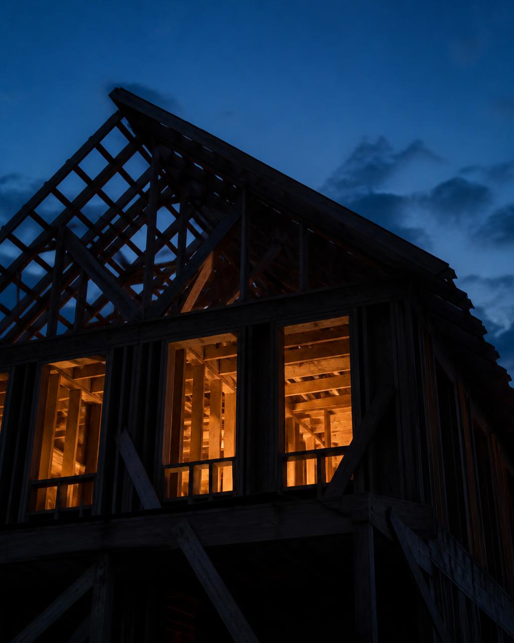 Construction framing at dusk